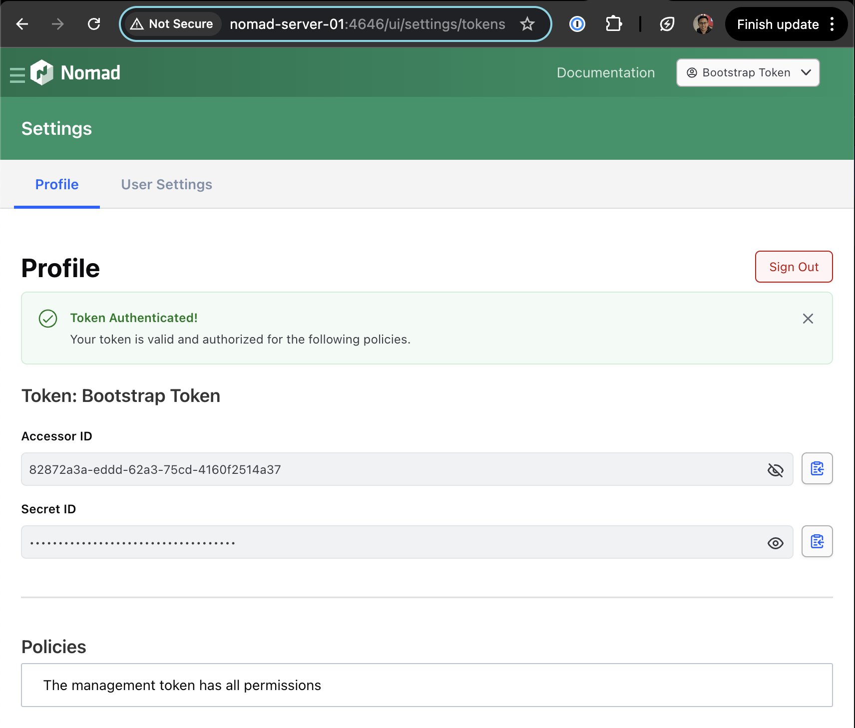 Nomad authentication with generated ACL token