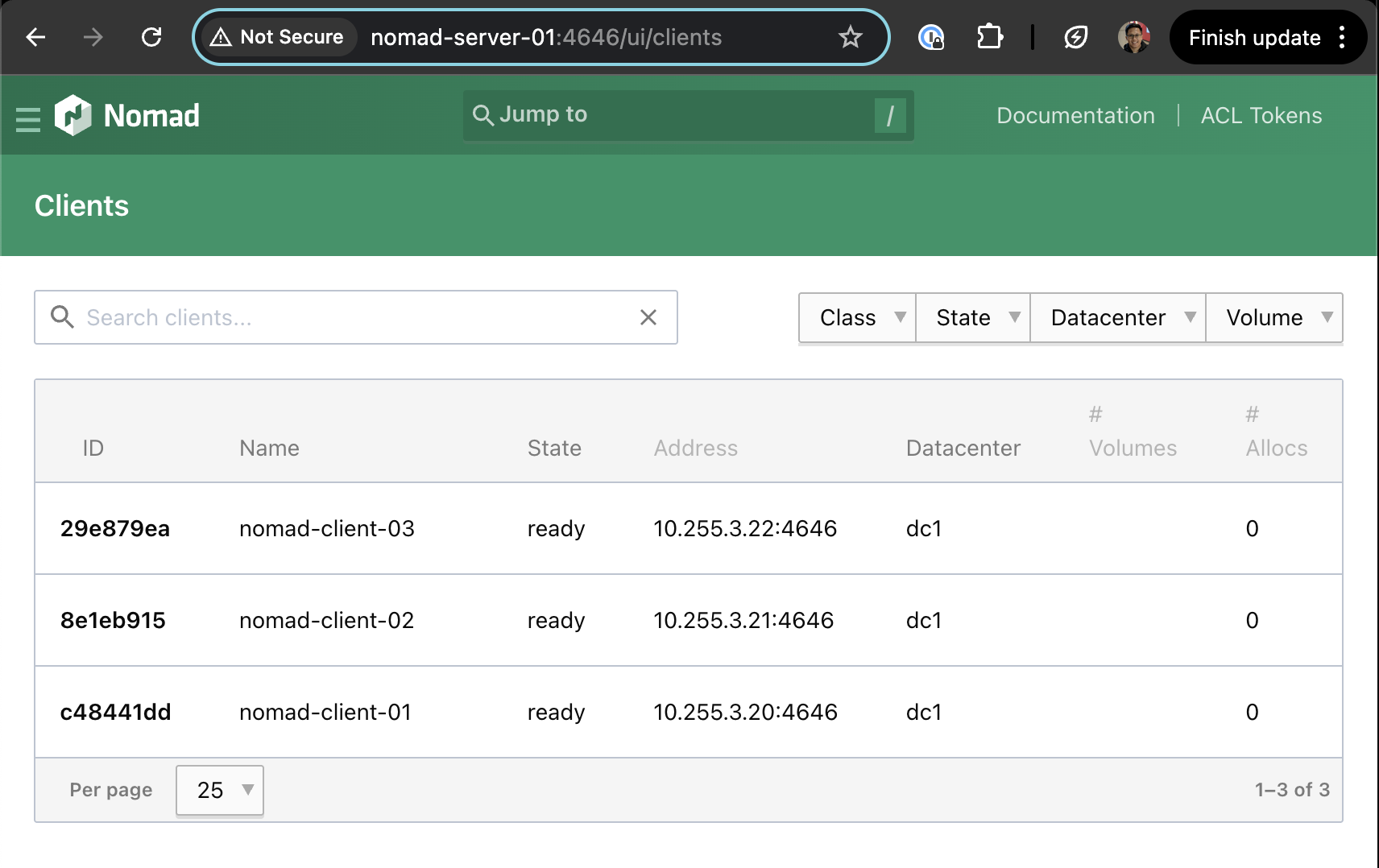 Nomad web UI clients page