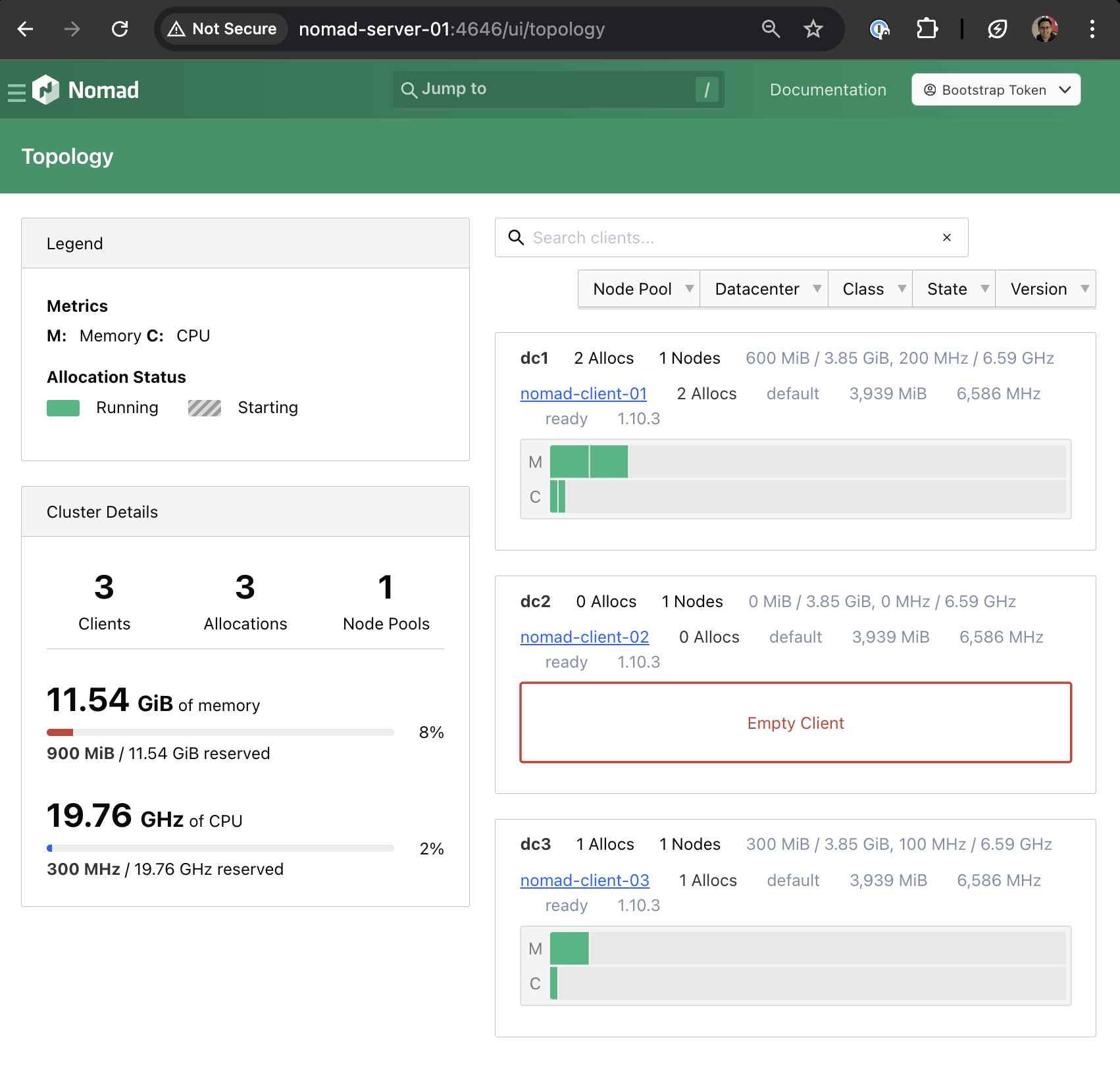 Nomad topology page showing jobs allocation