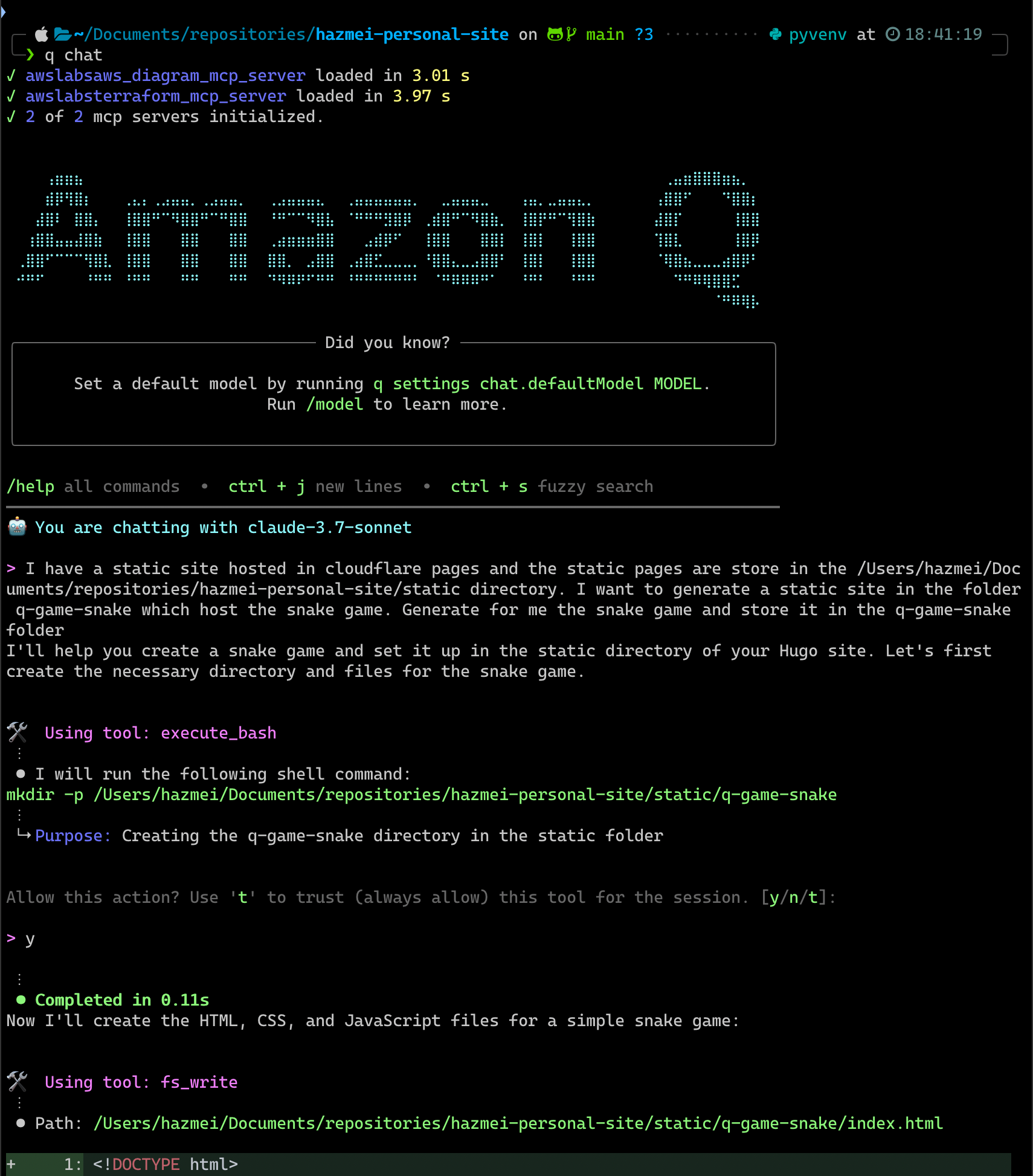 Prompting Amazon Q CLI to generate snake game